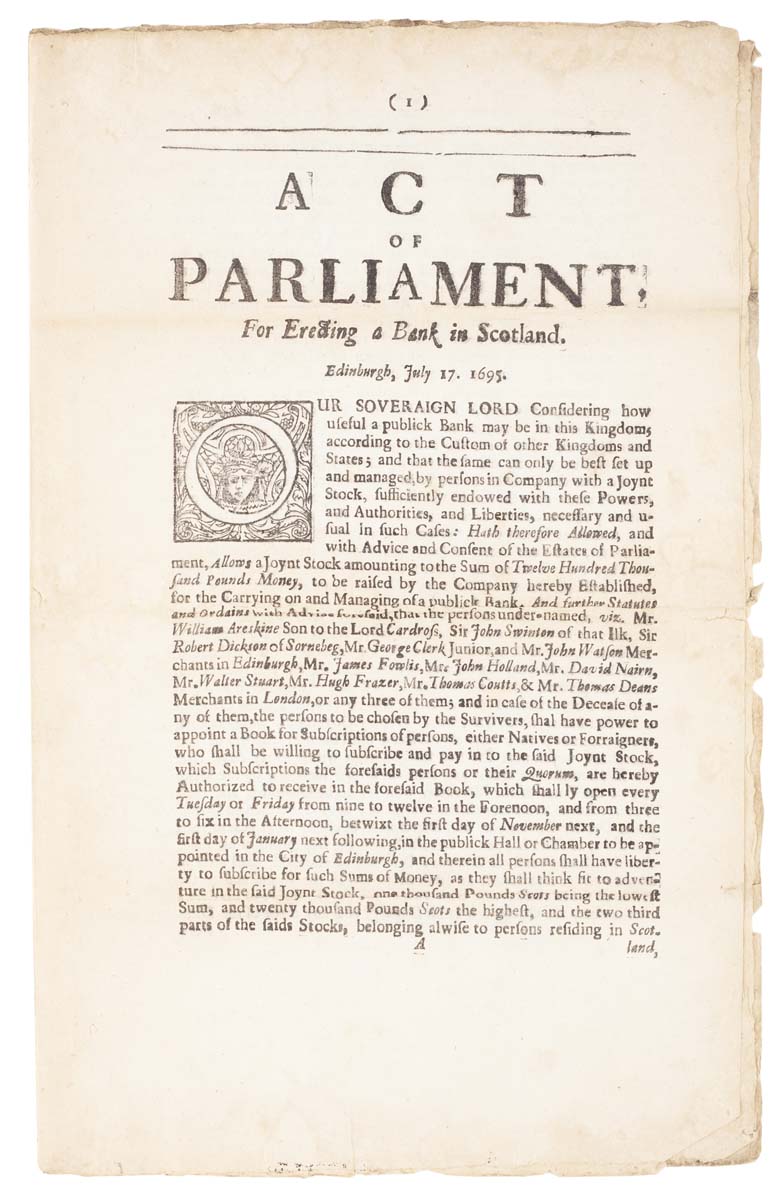 Act of Parliament for erecting a bank in Scotland. Edinburgh, July 17 1695.