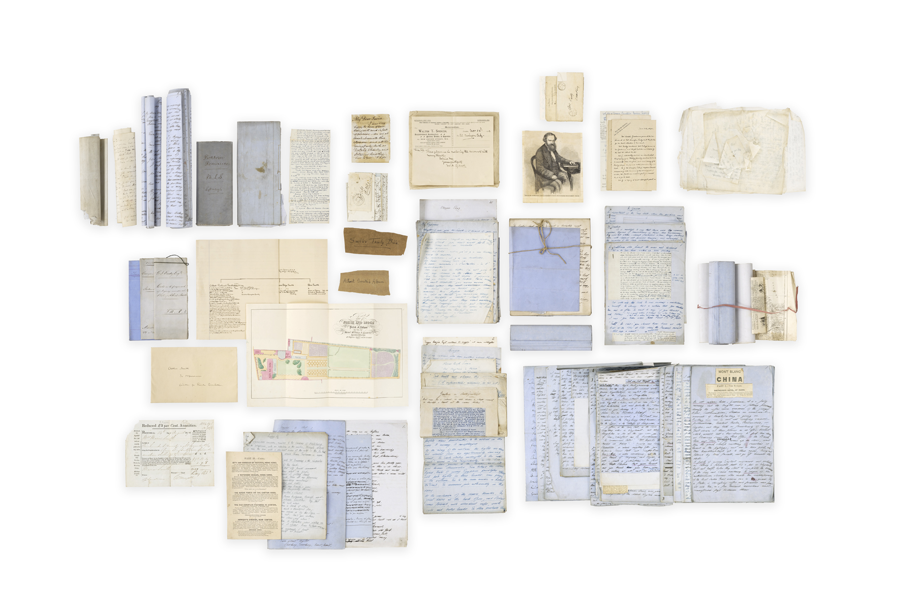A large archive of printed and manuscript material, including drafts of shows and lectures, including portions of Mont Blanc, Mont Blanc to China, poetry, dramatic pieces, a juvenile poem, letters to his sister Laura, a copy of his will.